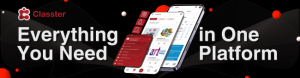 Werbebanner von Classter mit dem Slogan „Everything You Need in One Platform" und zwei Smartphone-Mockups, die die Classter-App mit Lernmaterialien und einer roten Dashboard-Ansicht zeigen – auf dunklem Hintergrund mit roten Akzenten.