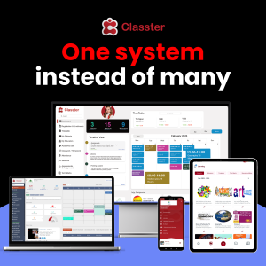 Produktbild von Classter mit dem Slogan „One system instead of many" und vier Gerätansichten – Desktop-Monitor, Laptop, Smartphone und Tablet – die verschiedene Bereiche der Classter-Oberfläche zeigen, darunter Dashboard, Stundenplan, Fächerübersicht und Lernmaterialien.