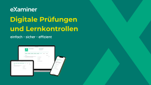eXaminer-Software auf drei Geräten: Laptop, Tablet und Smartphone zeigen eine digitale Prüfung mit Multiple-Choice-Aufgaben.