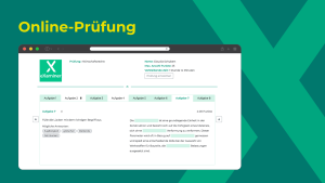 „eXaminer Online-Prüfung: Schüleransicht einer Lückentext-Aufgabe mit Zeitanzeige, Punkteangabe und Navigationsleiste."