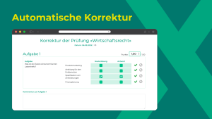 Screenshot der eXaminer-Korrekturansicht: Eine Multiple-Choice-Aufgabe zum Thema Wirtschaftsrecht mit Musterlösung, Schülerantworten und automatischer Punktevergabe.