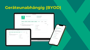 „eXaminer BYOD-Ansicht: Dieselbe Prüfungsoberfläche mit Multiple-Choice-Aufgabe auf Laptop, Tablet und Smartphone gleichzeitig."