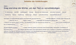 Screenshot der BookWidgets-Lückentextübung „Zeitalter der Entdeckungen" mit Wortliste zum Drag-and-drop-Einsetzen in den Fließtext.