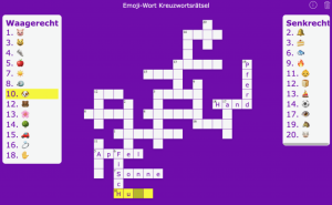 Screenshot des BookWidgets-Emoji-Kreuzworträtsels mit waagerechten und senkrechten Begriffen, die anhand von Symbolen erraten werden.